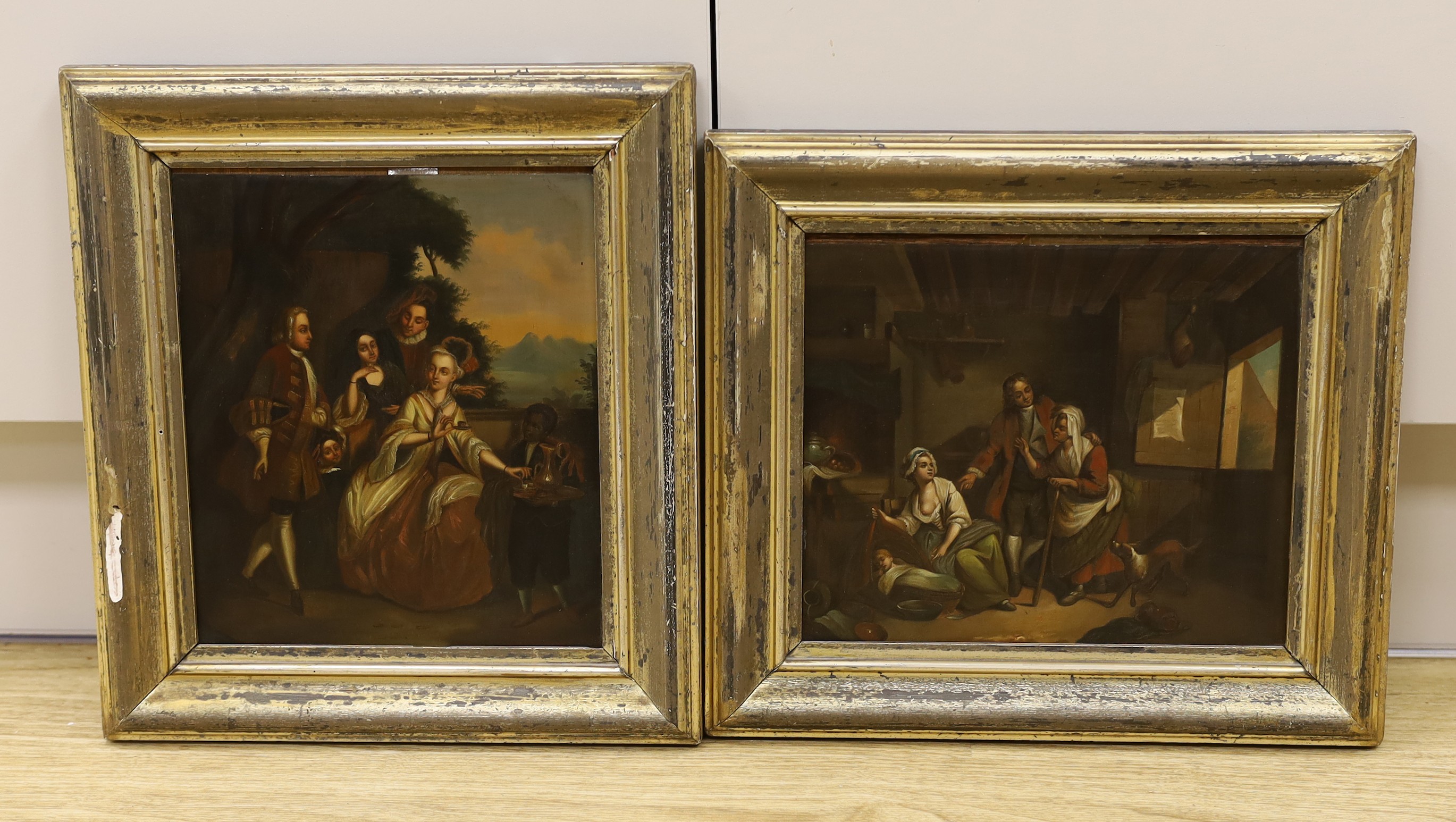 19th century German School, two oils on zinc, 18th century figures taking tea and Cottage interior, 25 x 21cm and 21 x 25cm